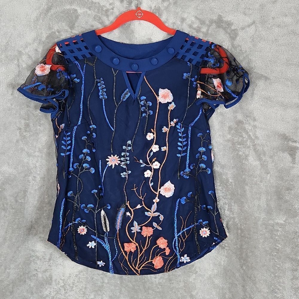 Floral Embroidered Mesh Blouse Women’s Small Blue Sheer Sleeve Top Boho Romantic - Picture 1 of 9